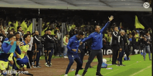 A Man In A Blue Jacket Stands On A Soccer Field In Front Of A Sign That Says ' E ' On It GIF