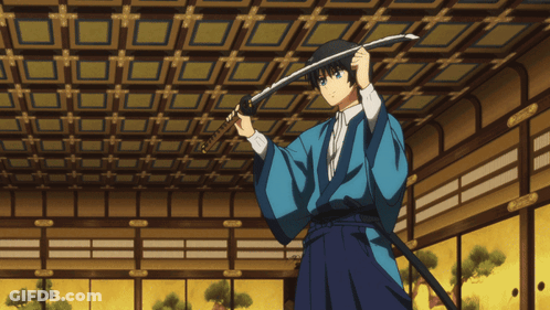 A Man In A Blue Kimono Is Holding A Sword In A Room GIF