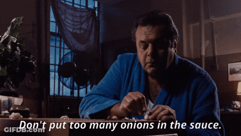 A Man In A Blue Robe Is Cutting Onions And Says " Do N't Put Too Many Onions In The Sauce " GIF