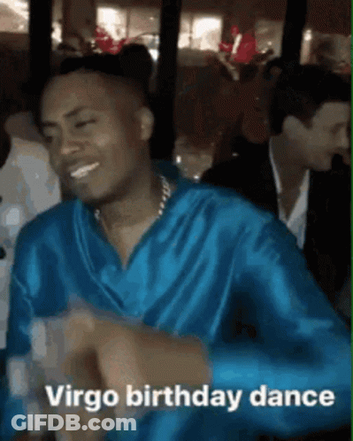 A Man In A Blue Robe Is Dancing With The Words Virgo Birthday Dance On The Bottom GIF