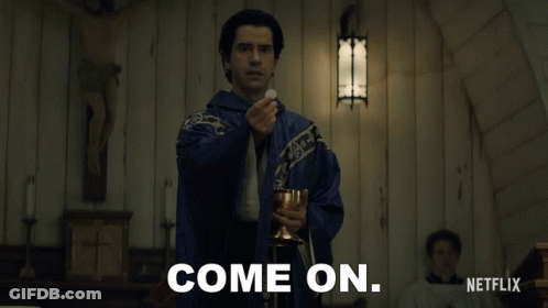A Man In A Blue Robe Is Holding A Chalice And Says Come On Netflix GIF