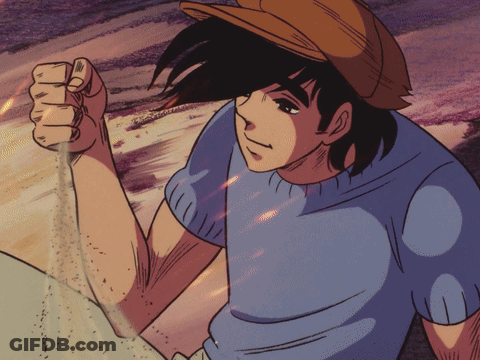 Man In Blue Shirt And Brown Hat Throwing Sand GIF