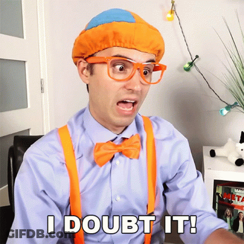 A Man In A Blue Shirt And Orange Suspenders Is Saying I Doubt It GIF