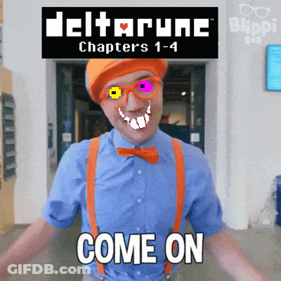 A Man In A Blue Shirt And Orange Suspenders Is Standing In Front Of A Sign That Says Deltarun Chapters 1-4 GIF