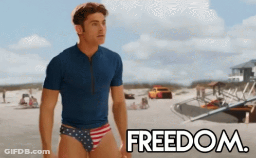 A Man In A Blue Shirt And Red White And Blue Swim Trunks Is Standing On A Beach With The Word Freedom In The Background GIF