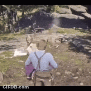 A Man In A Blue Shirt And Suspenders Is Walking In A Field With A Dog . GIF