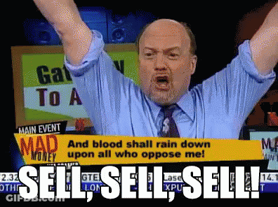 A Man In A Blue Shirt And Tie Is Screaming In Front Of A Sign That Says Mad Money GIF