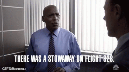 A Man In A Blue Shirt And Tie Is Talking To Another Man With The Words " There Was A Stowaway On Flight 828 " Above Him GIF