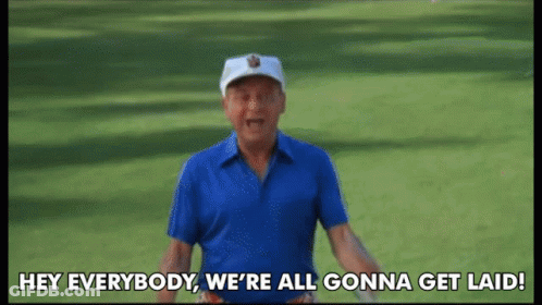 A Man In A Blue Shirt And White Hat Says Hey Everybody We 'Re All Gonna Get Laid . GIF