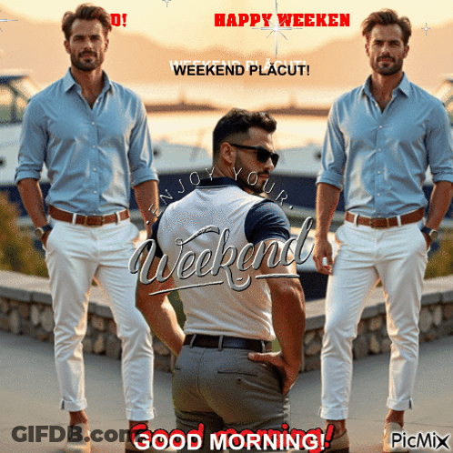 A Man In A Blue Shirt And White Pants Stands In Front Of A Sign That Says Happy Weeken GIF