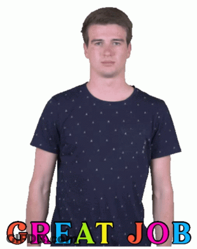 A Man In A Blue Shirt Gives A Thumbs Up With The Words Great Job Behind Him GIF