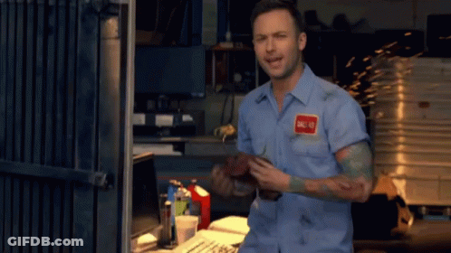 A Man In A Blue Shirt Has A Name Tag That Says Dale Jr. GIF