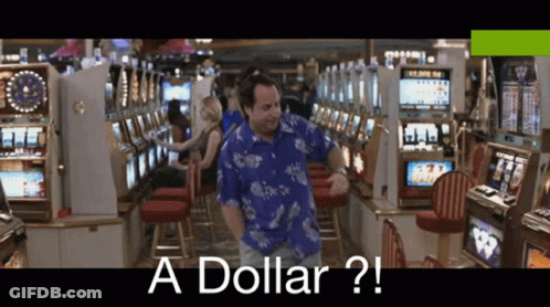A Man In A Blue Shirt Is Dancing In A Casino With The Words " A Dollar ? " Below Him GIF