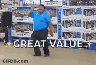 A Man In A Blue Shirt Is Dancing In A Store With The Words `` Great Value '' Behind Him . GIF