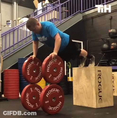 A Man In A Blue Shirt Is Doing Push Ups On Rogue Weights GIF