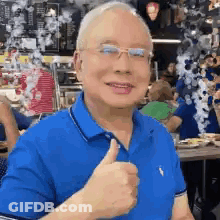 A Man In A Blue Shirt Is Giving A Thumbs Up Sign . GIF