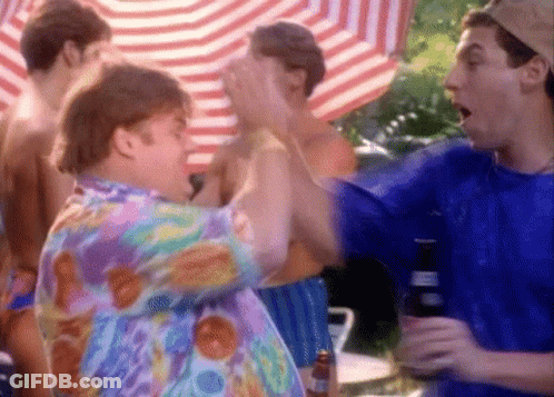 A Man In A Blue Shirt Is Holding A Bottle Of Budweiser And Giving Another Man A High Five GIF