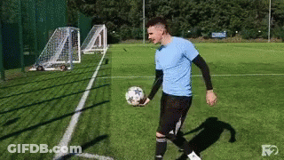A Man In A Blue Shirt Is Holding A Soccer Ball On A Field . GIF