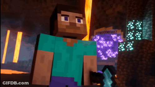 A Man In A Blue Shirt Is Holding A Sword In A Minecraft Game GIF