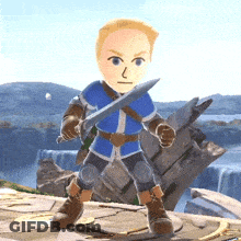 A Man In A Blue Shirt Is Holding A Sword In A Video Game GIF