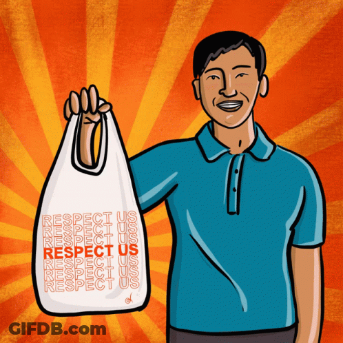 A Man In A Blue Shirt Is Holding A White Bag That Says Respect Us GIF