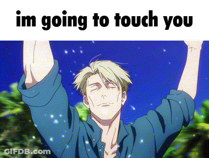 A Man In A Blue Shirt Is Holding His Arms Up In The Air With The Words `` Im Going To Touch You '' . GIF