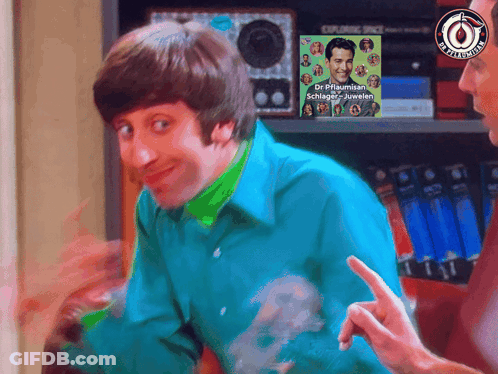 A Man In A Blue Shirt Is Pointing At A Book That Says Dr. Priumisan Schlager Juwelen GIF