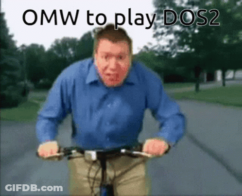 A Man In A Blue Shirt Is Riding A Bike With The Words Omw To Play Dos2 Below Him GIF