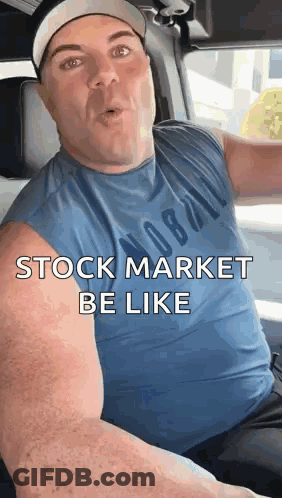 A Man In A Blue Shirt Is Sitting In A Car With The Words Stock Market Be Like On The Screen . GIF