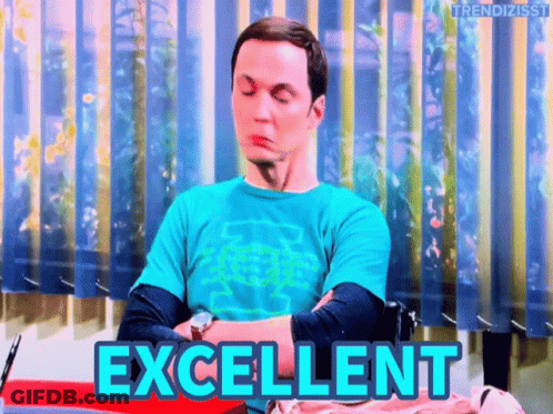 A Man In A Blue Shirt Is Sitting In Front Of A Window And The Word Excellent Is On The Screen Behind Him GIF