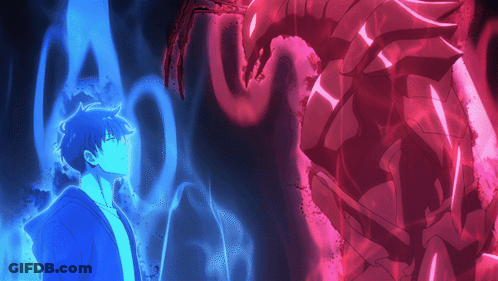 A Man In A Blue Shirt Is Standing In Front Of A Red Dragon GIF