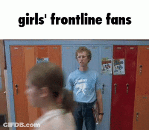 A Man In A Blue Shirt Is Standing In Front Of A Row Of Orange Lockers With The Words Girls ' Frontline Fans Above Him GIF