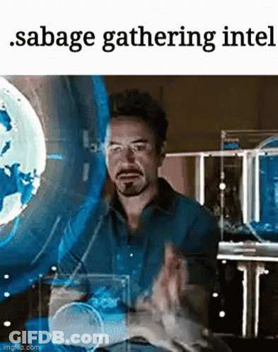 A Man In A Blue Shirt Is Standing In Front Of A Screen That Says Sabage Gathering Intel GIF