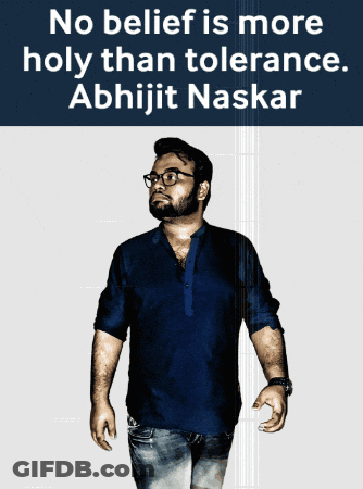 Man In Blue Shirt In Front Of No Belief Is More Holy Sign GIF