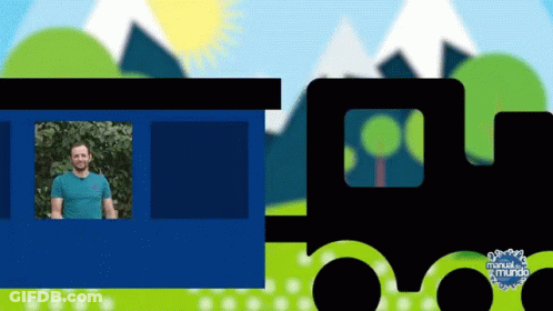 A Man In A Blue Shirt Is Standing In Front Of A Train That Says Manual Mundo GIF