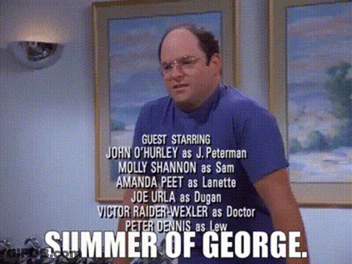 A Man In A Blue Shirt Is Standing In Front Of A Wall With A Caption That Says Summer Of George GIF