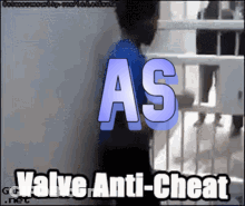 A Man In A Blue Shirt Is Standing In Front Of A Wall With The Words As Valve Anti-Cheat GIF