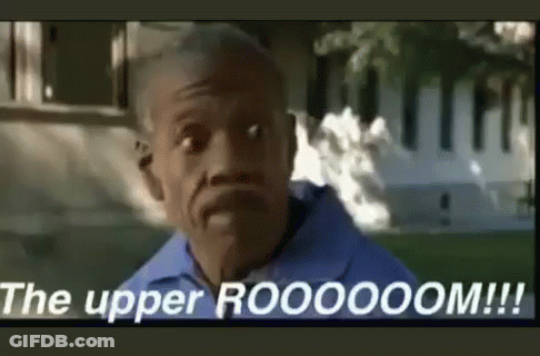 A Man In A Blue Shirt Is Standing In Front Of A White House And Says `` The Upper Rooooom ! '' GIF