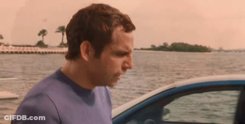 A Man In A Blue Shirt Is Standing Next To A Car Near The Water GIF