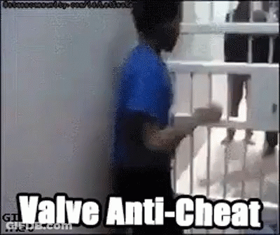 A Man In A Blue Shirt Is Standing Next To A Railing With The Words Valve Anti-Cheat On The Bottom GIF