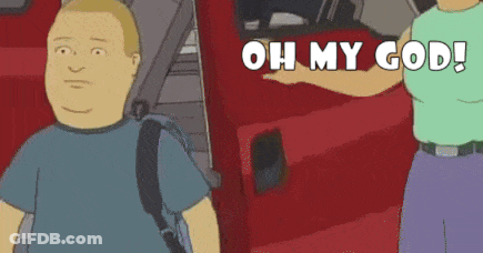 A Man In A Blue Shirt Is Standing Next To A Woman In A Green Shirt And A Red Truck . GIF