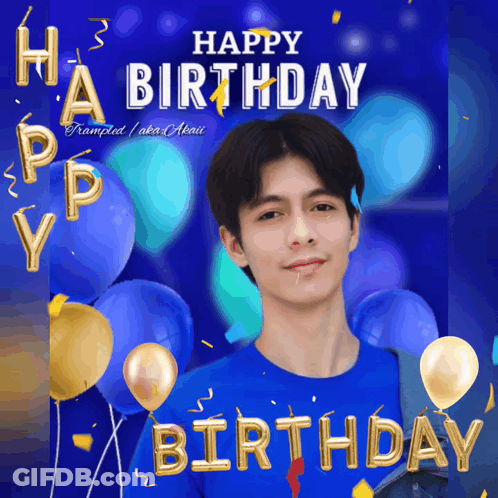A Man In A Blue Shirt Is Surrounded By Blue And Gold Balloons And Confetti And Says Happy Birthday GIF
