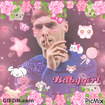 A Man In A Blue Shirt Is Surrounded By Pink Flowers And The Words Baby Girl GIF