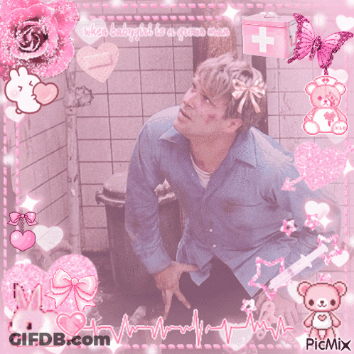 Man In Blue Shirt Surrounded By Pink Hearts GIF