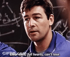 A Man In A Blue Shirt Is Talking About Clear Eyes Full Hearts Can 'T Lose . GIF