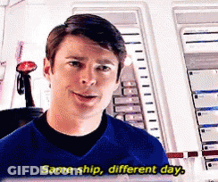 A Man In A Blue Shirt Is Talking About The Same Ship Different Day . GIF
