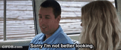 A Man In A Blue Shirt Is Talking To A Woman In A Car And Says Sorry I 'M Not Better Looking GIF