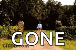 A Man In A Blue Shirt Is Walking Down A Dirt Road With The Word Gone Above Him GIF