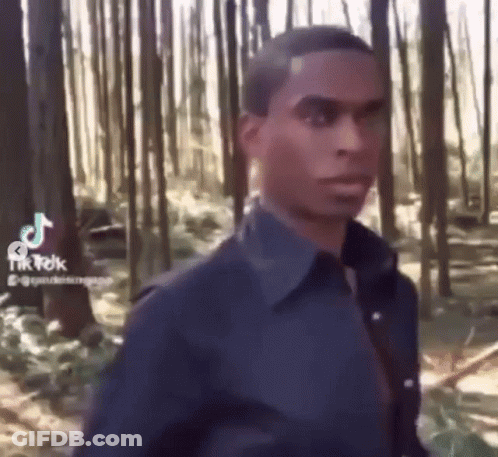 A Man In A Blue Shirt Is Walking Through A Forest . GIF