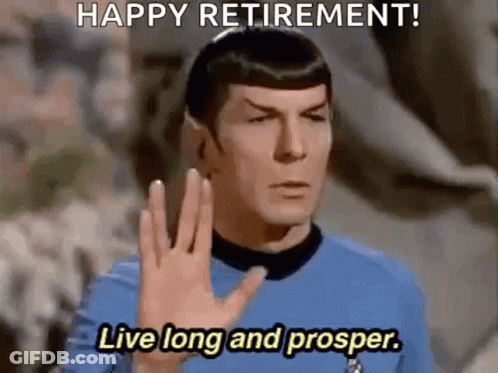 A Man In A Blue Shirt Is Waving His Hand And Saying `` Happy Retirement ! Live Long And Prosper ! '' GIF